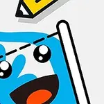 Kreslený pohár s úsmevom, ktorý sa plní modrou tekutinou z ceruzky