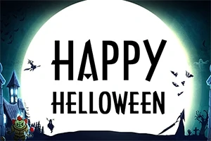 Veľký spln mesiaca s nápisom Happy Helloween, obklopený siluetami čarodejnice na metle, netopierov a strašidelných domov