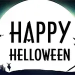 Veľký spln mesiaca s nápisom Happy Helloween, obklopený siluetami čarodejnice na metle, netopierov a strašidelných domov