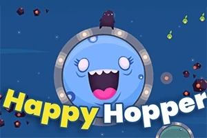 Modrá planéta s veselou tvárou v strede, s textom Happy Hopper a malými farebnými objektmi na tmavomodrom pozadí