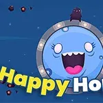 Modrá planéta s veselou tvárou v strede, s textom Happy Hopper a malými farebnými objektmi na tmavomodrom pozadí