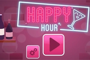 Ružová grafika s nápisom „Happy Hour“, ikonou kokteilového pohára a tlačidlami prehrávania a nastavení