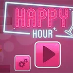 Ružová grafika s nápisom „Happy Hour“, ikonou kokteilového pohára a tlačidlami prehrávania a nastavení