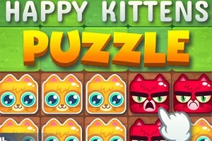 Ilustrácia s nápisom Happy Kittens Puzzle, znázorňujúca mriežku so žltými a červenými mačacími tvárami, ktoré majú rôzne výrazy