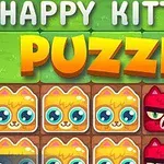 Ilustrácia s nápisom Happy Kittens Puzzle, znázorňujúca mriežku so žltými a červenými mačacími tvárami, ktoré majú rôzne výrazy