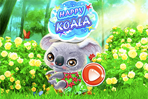 Roztomilý koala v sukni pred jasne žltými kvetmi v slnečnom prostredí lesa s nápisom Happy Koala