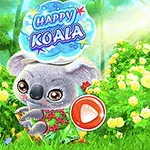 Roztomilý koala v sukni pred jasne žltými kvetmi v slnečnom prostredí lesa s nápisom Happy Koala
