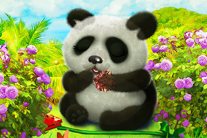 Roztomilá panda sedí obklopená kvetmi a drží jedlo