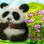 Roztomilá panda sedí obklopená kvetmi a drží jedlo