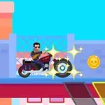 Muž na motocykli jazdí po plošine so žiariacimi efektmi a mincou v pozadí