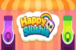 Farebná grafika s nápisom Happy Slushie a usmievavým nápojom pod dúhou, obklopená troma farebnými strojmi na výrobu nápojov