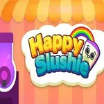 Farebná grafika s nápisom Happy Slushie a usmievavým nápojom pod dúhou, obklopená troma farebnými strojmi na výrobu nápojov