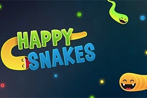Farebné kreslené hady s nápisom Happy Snakes na tmavom pozadí