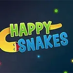 Farebné kreslené hady s nápisom Happy Snakes na tmavom pozadí