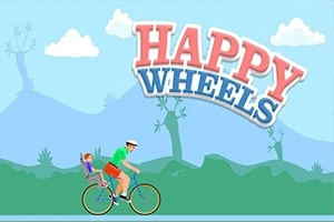 Muž a dieťa na bicykli v cartoon štýle s nápisom HAPPY WHEELS na modrom pozadí s oblakmi