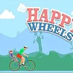 Muž a dieťa na bicykli v cartoon štýle s nápisom HAPPY WHEELS na modrom pozadí s oblakmi