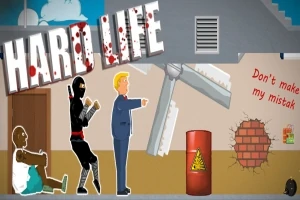 Muž v modrom obleku a ninja kráčajú vedľa muža sediaceho na zemi, medzi sudom s výstrahou a jedovatou špici až po veterné listy, s nápisom na stene „Dont make my mistake“