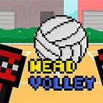 Pixelová grafika s dvoma postavičkami s červenými hlavami, volejbalovou loptou a textom Head Volley na pozadí ihriska