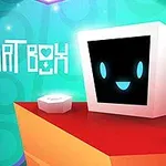 Usmievajúca sa biela kocka s čiernou obrazovkou na farebnej geometrickej scéne s nápisom Heart Box