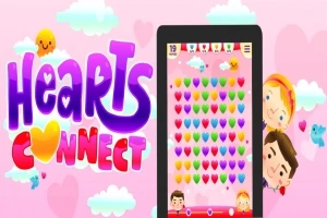 Farebný nápis „Hearts Connect“ vedľa tabletu so zobrazením obrazovky hry a kreslenými postavičkami na ružovom pozadí s oblakmi