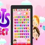 Farebný nápis „Hearts Connect“ vedľa tabletu so zobrazením obrazovky hry a kreslenými postavičkami na ružovom pozadí s oblakmi