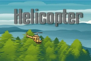 Žltý vrtuľník letí nad zeleným lesom na pozadí modrých kopcov s nápisom Helicopter hore
