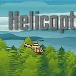 Žltý vrtuľník letí nad zeleným lesom na pozadí modrých kopcov s nápisom Helicopter hore