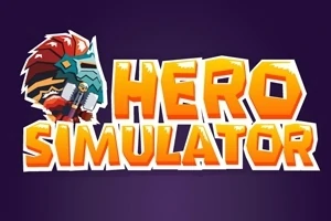 Nápis Hero Simulator v oranžovo-bielej farbe s ilustráciou bojovníka v prilbe na tmavomodrom pozadí