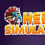 Nápis Hero Simulator v oranžovo-bielej farbe s ilustráciou bojovníka v prilbe na tmavomodrom pozadí