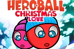 Dve červené guľaté postavičky s modrou a fialovou čiapkou na zasneženom pozadí s nápisom Heroball Christmas Love