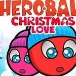 Dve červené guľaté postavičky s modrou a fialovou čiapkou na zasneženom pozadí s nápisom Heroball Christmas Love
