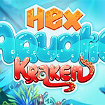 Farebný nápis Hex Aquatic Kraken na modrom podmorskom pozadí s rastlinami