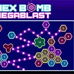 Šesťuholníky rôznych farieb a čísel sú spojené svietiacimi fialovými čiarami na tmavomodrom pozadí s nápisom HEX BOMB MEGABLAST hore
