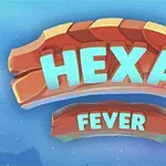 Nápis HEXA FEVER na farebnom pozadí s oblakmi a vtákom v diaľke