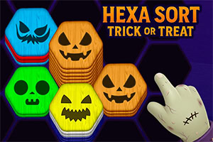 Hexa Sort Trick or Treat Farebné šesťhranné bloky s vystrašenými tvárami a strašidelná ruka na fialovom pozadí s nápisom „Hexa Sort: Trick or Treat“