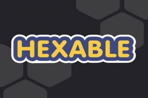 Nápis HEXABLE v žltej farbe s modrým lemovaním na tmavosivom podklade so vzorom šesťuholníkov