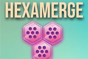Nápis HEXAMERGE a tri ružové šesťuholníkové dlaždice s bodkami na modrozelenom pozadí