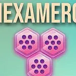 Nápis HEXAMERGE a tri ružové šesťuholníkové dlaždice s bodkami na modrozelenom pozadí