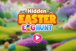 Farebná kreslená scéna s nápisom Hidden Easter Egg Hunt v popredí s ružovým tlačidlom uprostred a rozmazanou veľkonočnou krajinou na pozadí