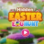 Farebná kreslená scéna s nápisom Hidden Easter Egg Hunt v popredí s ružovým tlačidlom uprostred a rozmazanou veľkonočnou krajinou na pozadí