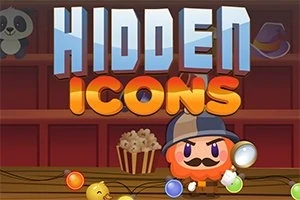 Kreslená postavička s fúzmi a lupou stojí pred červeným pozadím s nápisom Hidden Icons, na policiach sú farebné predmety
