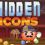 Kreslená postavička s fúzmi a lupou stojí pred červeným pozadím s nápisom Hidden Icons, na policiach sú farebné predmety