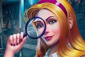 Žena s dlhými blond vlasmi drží lupu pred svojou tvárou v tmavom prostredí
