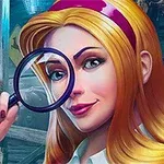 Žena s dlhými blond vlasmi drží lupu pred svojou tvárou v tmavom prostredí