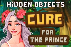 Žena s kvetinovým vencom vo vlasoch stojí pred lesným pozadím s textom Hidden Objects Cure For The Prince