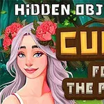 Žena s kvetinovým vencom vo vlasoch stojí pred lesným pozadím s textom Hidden Objects Cure For The Prince