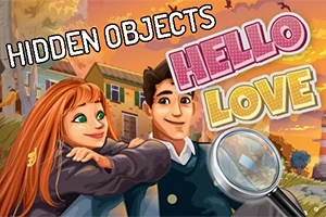 Mladá žena s červenými vlasmi objíma muža, na pozadí sú farebné budovy a text HIDDEN OBJECTS HELLO LOVE s lupou