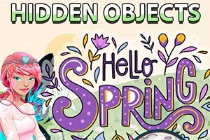Dievča s ružovými vlasmi a nápis Hello Spring obklopený kvetmi
