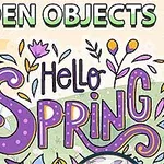 Dievča s ružovými vlasmi a nápis Hello Spring obklopený kvetmi