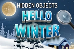 Zimná krajina s plným mesiacom, zasneženými stromami, domom a textom Hello Winter pod zväčšovacím sklom